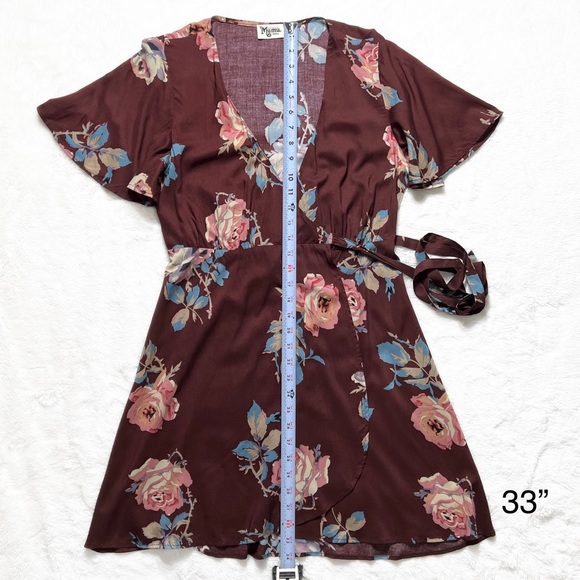 Show Me Your Mumu Floral Burgundy Brown Short Sleeve Mini Tie Waist Wrap Dress S - Picture 13 of 13